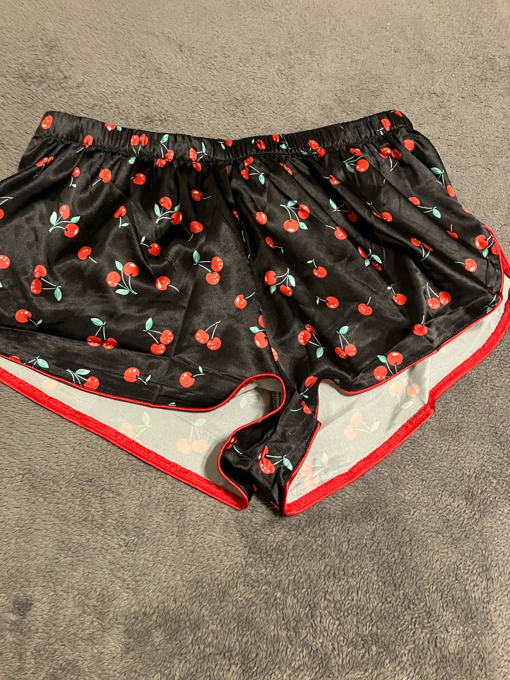 Cherry Print Satin Shorts - Black & Red